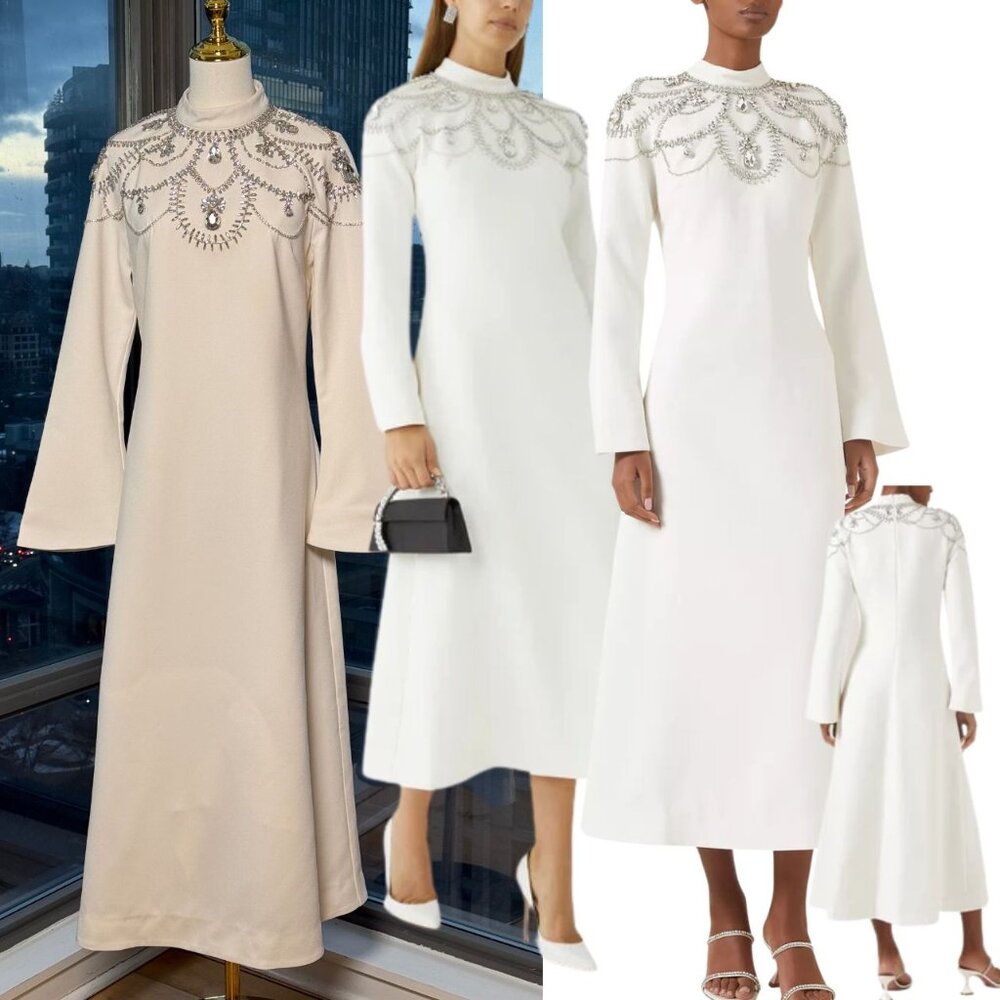 🆕 SIMKHAI 🧿 NWOT Odetta Crystal Embellished Cream Long Sleeve Midi Dress, Sz 8